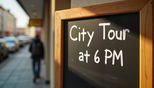 City tour announcement on a chalkboard in an urban setting for travel blogs, tourism websites, event promotions, city guides, and educational materials