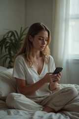 Young Woman Practicing Guided Meditation on Her Smartphone in Bed for Relaxation and Improved Sleep as Part of a Digital Detox Routine
