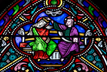 Stained glass (Nineteenth century) of Coronation of the Virgin Mary, Mother of God, in heaven.