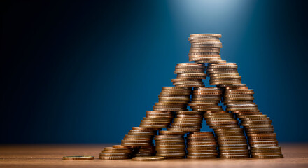 Stacked pyramid of gold coins symbolizing financial stability, wealth accumulation, and economic growth.