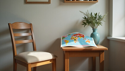 Wooden chair and table with a world map and plant on a neutral wall for blogs, websites, travel-themed presentations, home decor inspiration, and educational materials