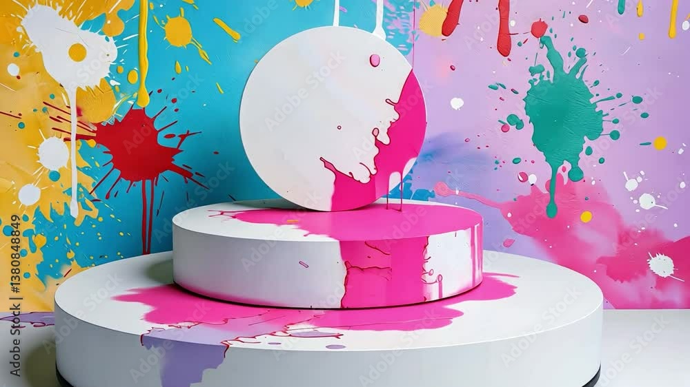 Poster artistic splash: a creative abstract design featuring a circular object being splashed with vivid pi