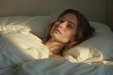 Tranquil Start to the Day: Young Woman Enjoying a Calm and Peaceful Morning in Bed Bathed in Soft Sunlight, Ideal for Concepts of Relaxation and Healthy Living
