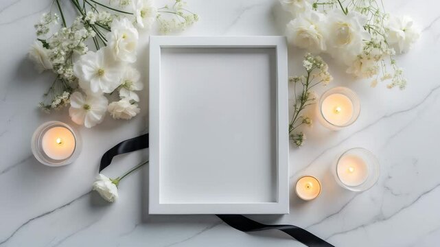 Concept of death. Mockup video frame with a ribbon alongside flowers and candles on a white stone background from above, with copy space.