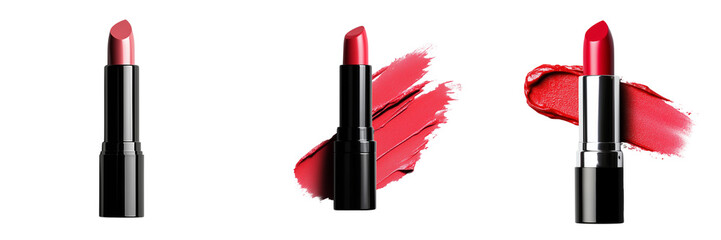 Set of A sleek and modern vector illustration of a classic red lipstick on transparent png background