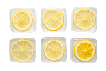 Fresh lemon slices embedded in ice cubes for refreshing beverages and culinary uses