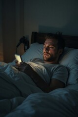 Fototapeta premium Man Using Sleep Tracker Application on Mobile Phone Before Sleep, Analyzing Data for Better Sleep and Restful Night