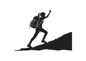 Woman hiking trekking silhouette black color isolated on white background Vector
