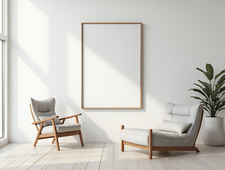 Minimalist, japandi style interior design of modern living room. Boucle armchair nea white wall with big mock up frame.