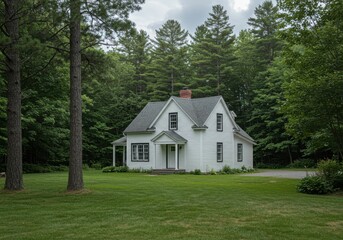 Obraz premium A white house with black trim surrounded by green trees and a large green lawn on a cloudy day