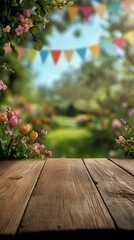 Fototapeta premium Colorful Flowers and Decorations Enhance a Serene Garden Space in Springtime Greenery