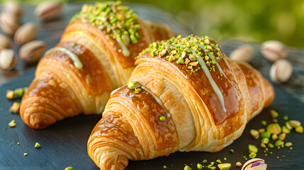 Delicious pistachio cream filled croissants topped with nuts