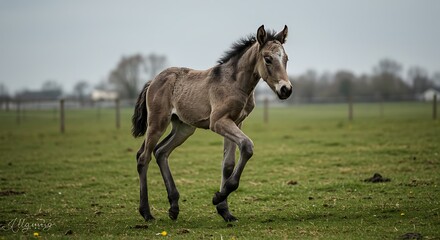 Fototapeta premium Young Horse Running in Field on a Cloudy Day with Green Grass