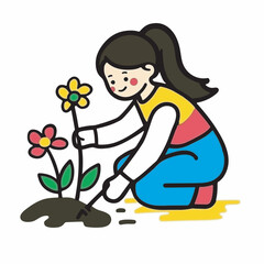 Obraz premium Girl gardener plants flowers cheerfully in garden illustration