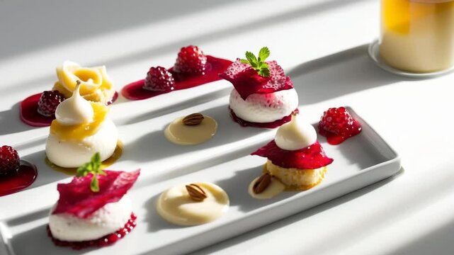 Close-up of beetroot carpaccio accompanied by stracciatella cheese. A vegetarian dish featuring pear mousse and pine nuts. A gourmet meal presented on a white background. Delicious appetizer served