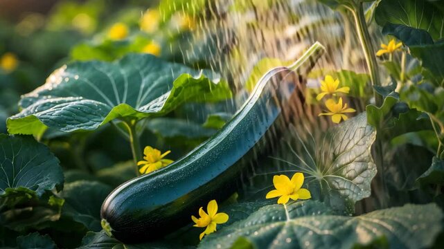 Zucchini plant of black beauty or dark green squash flourishing in an organic farm.