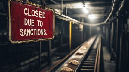 Conveyor belt halted with closed sign due to sanctions in industrial setting