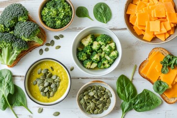 Healthy meal prep ingredients, featuring broccoli, cheese, spinach, and pumpkin seeds