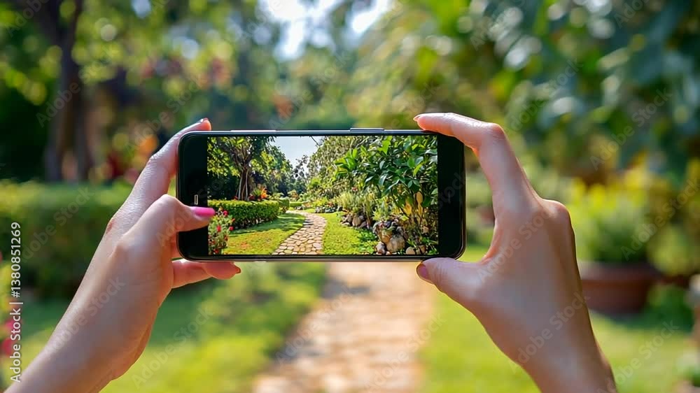 Poster enjoying nature while watching a video on a smartphone generative ai
