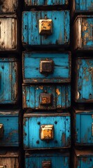  Close-Up of Stacked Vintage Wooden Drawers Painted in Vibrant Blue with Rusty Golden Handles