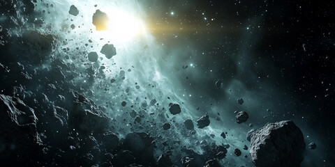 Asteroid field in deep space with rocky fragments and starlight