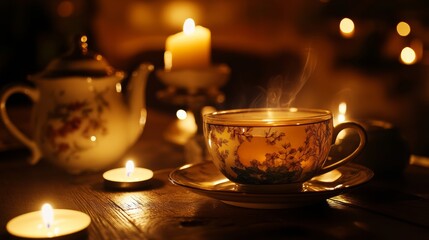 Fototapeta premium A cozy evening tea scene with herbal blends known for their digestive benefits, candlelit atmosphere,