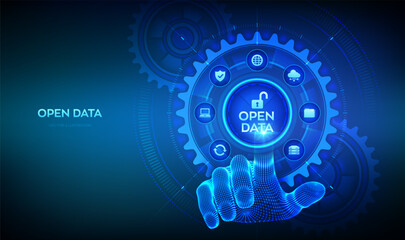 Open data database. Digital file storage system. Online documentation database technology concept. DMS. Integration API. Hand touching digital interface with connected gears cogs and icons. Vector.
