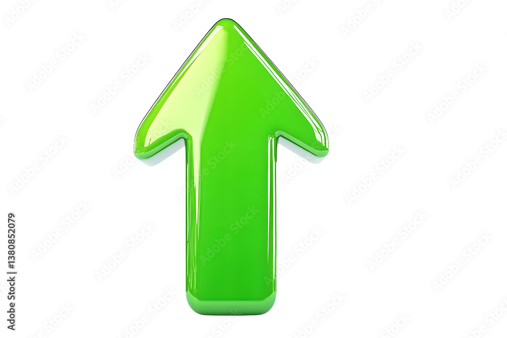 Poster glossy green arrow pointing upward, isolated on a white background. clean and simple design concept 