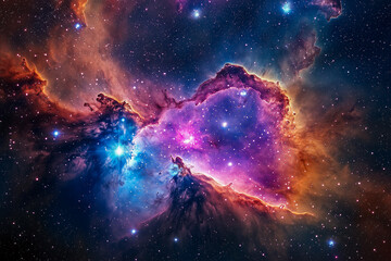 Colorful nebula with star formation and glowing gas clouds