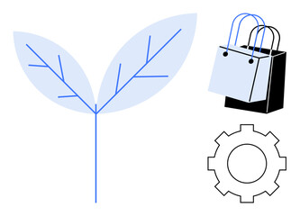 Stem with two leaves, two shopping bags stacked, and a gear. Ideal for eco-friendly commerce, sustainability, green business, retail, technology integration environmental impact growth. Abstract