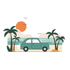Vintage car driving along a beach with palm trees at sunset  