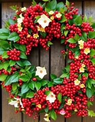 Naklejka premium Lush green wreath overflowing with vibrant berries and blossoms, texture, lush