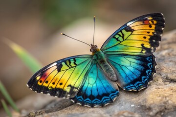 Colorful Butterfly with Open Wings Displaying a Stunning Gradient Pattern in Nature. created with generative ai technology.
