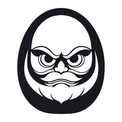 A black and white vector silhouette of a Daruma doll, with its round shape and traditional facial expression, on a white background