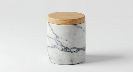 Marble Jar with Wood Lid: A sophisticated marble jar is topped with a natural wood lid, creating a study in contrasts, elegance and simplicity.