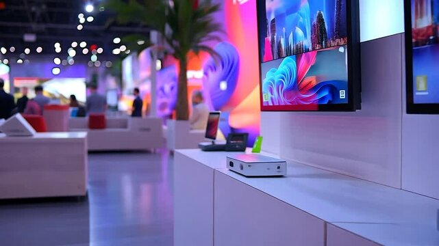 Modern technology showcase featuring sleek TVs and projectors in a vibrant exhibition hall