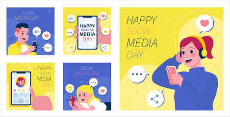 A collection of modern and colorful illustrations to celebrate Social Media Day on June 30th. The designs feature various social media elements, such as likes, comments, hashtags, etc.