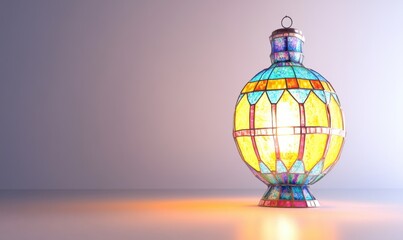 Obraz premium Glowing stained glass lantern on plain background, ideal for Ramadan or cultural themes