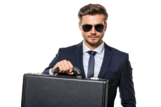 Confident businessman wearing sunglasses and a suit holding a briefcase for professional settings and corporate design
