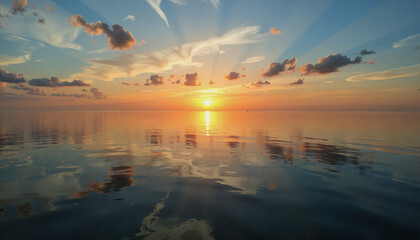A serene sunset over a calm sea, with the sun setting behind a of clouds, casting a warm glow across the horizon and reflecting beautifully on the waters surface