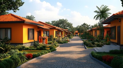 A row of vibrant orange houses with terracotta roofs lines a paved pathway in a tropical residential development.