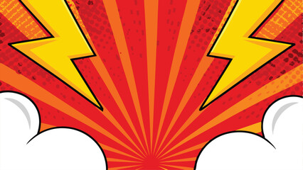 Dynamic Comic Book Explosion Red Sunburst, Lightning Bolts, Speech Bubbles