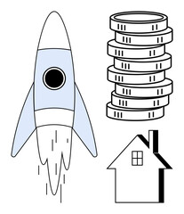 Rocket lifting off beside stacked coins and a house symbolizing business innovation, financial growth, and real estate investments. Ideal for startup, finance, wealth, success, entrepreneurship