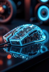 Fototapeta premium High-tech wireless computer mouse illuminated on dark background 