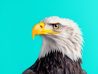 Fototapeta premium Majestic Bald Eagle Portrait Against Vibrant Aqua Background Wildlife Photography Close-Up Nature Artistic Concept