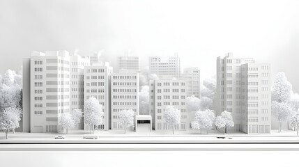 Fototapeta premium A minimalist architectural model depicts a modern city skyline with trees and roads on a white background showcasing urban planning.