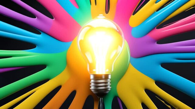 Creative light bulb bursts with vibrant paint splatters and fragments of glass against a dark backdrop. Think differently, innovative idea concept.