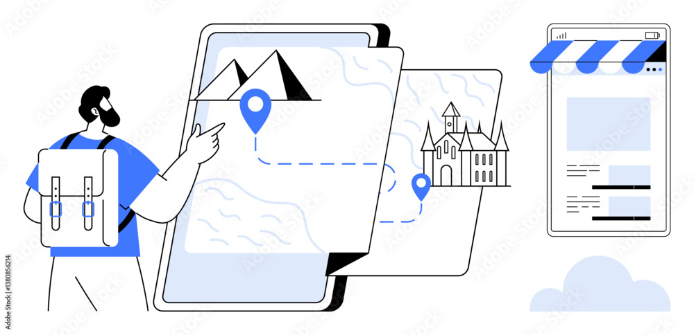 Poster backpacker searches map on device, exploring locations with pins for mountains and landmarks. ideal 