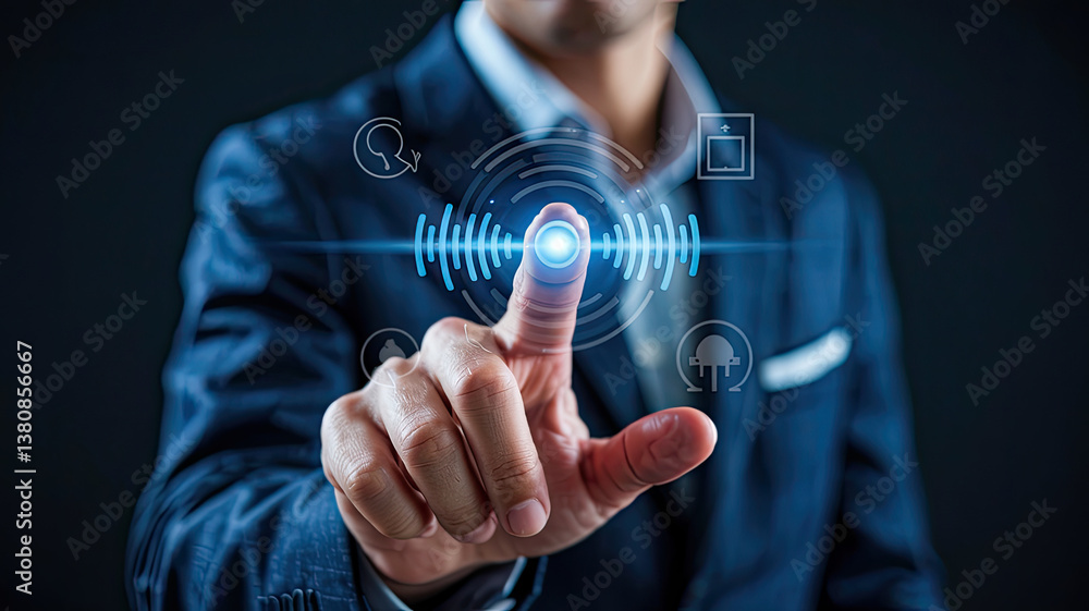 Poster touch the future: a sharply dressed professional engages with a digital interface, activating a futu