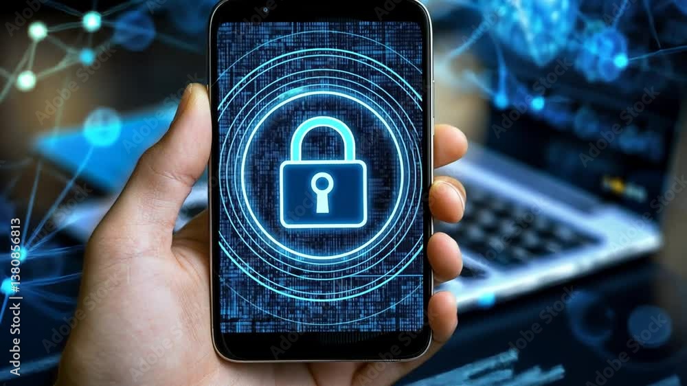 Poster cyber security concept with virtual reality and mobile technology generative ai